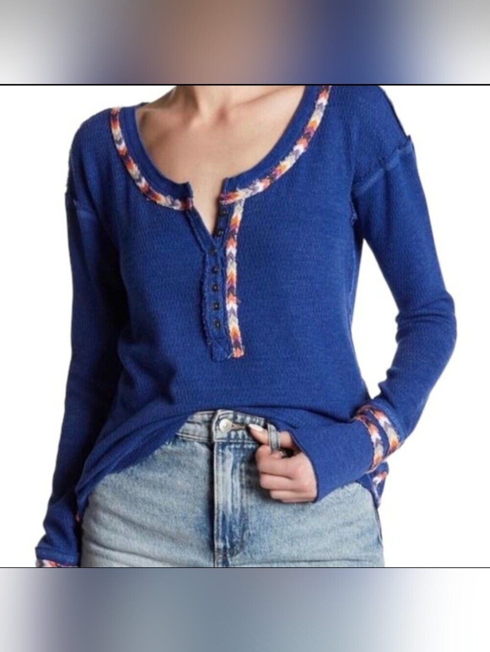 WE THE FREE Thermal Tee Womens Sz M Royal Blue Rainbow Henley Embroidered Boho